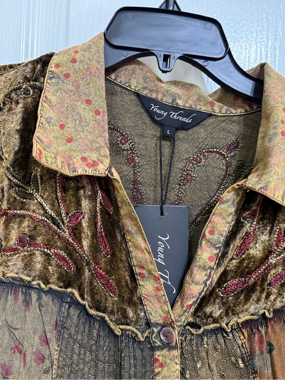 H076 NWT Young Threads L ptp21 21 ptp19 Boho Patchwork Mini Dress in Olive Green - Picture 5 of 14